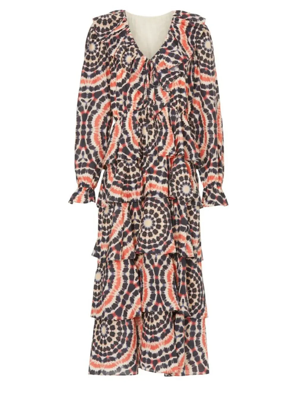 MARIE OLIVER Blythe Midi‎ Dress in Mandala Tie-Dye maxi Flowy tiered ruffles V